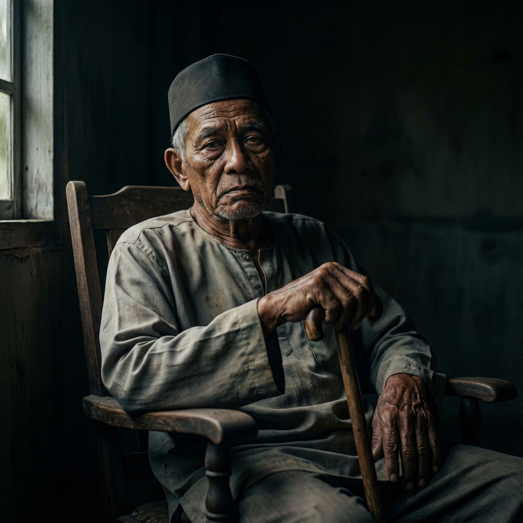 Seorang warga emas sedang duduk termenung sedih memikirkan masa muda yang disia-siakan