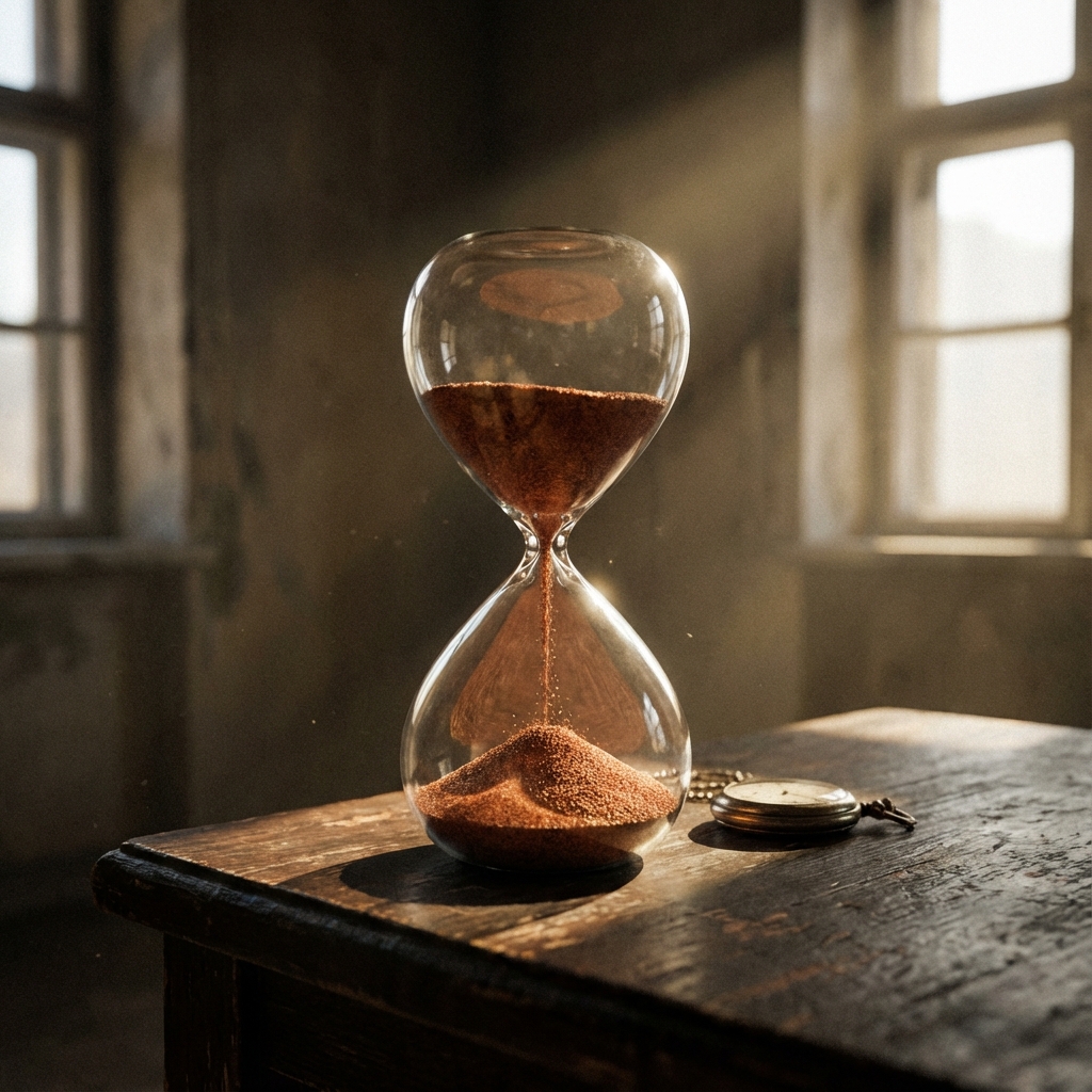 Jam pasir dengan latar belakang gelap menunjukkan masa yang semakin berkurang
