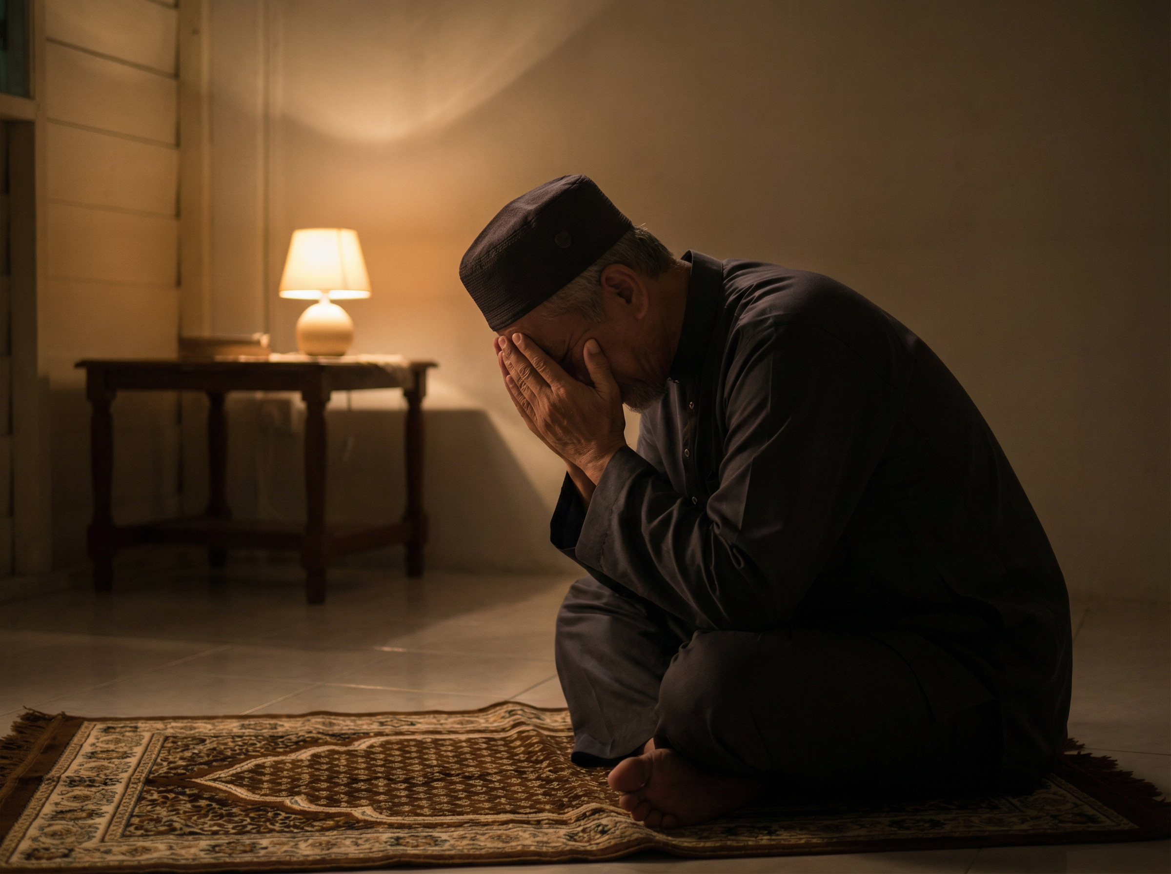 Lelaki muslim termenung berasa bersalah atas dosa lampau di atas sejadah
