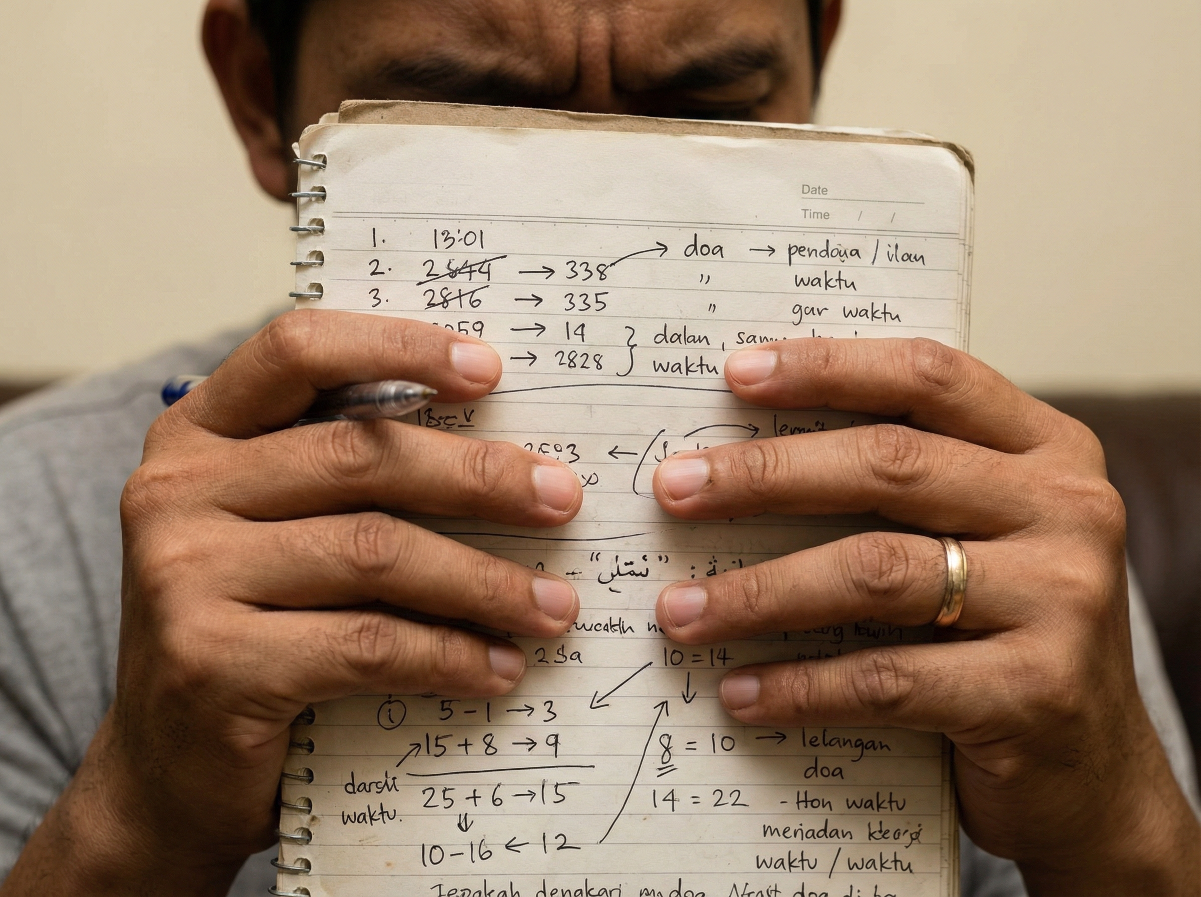 Tangan sedang memegang nota dan pen sedang keliru mengira hutang solat